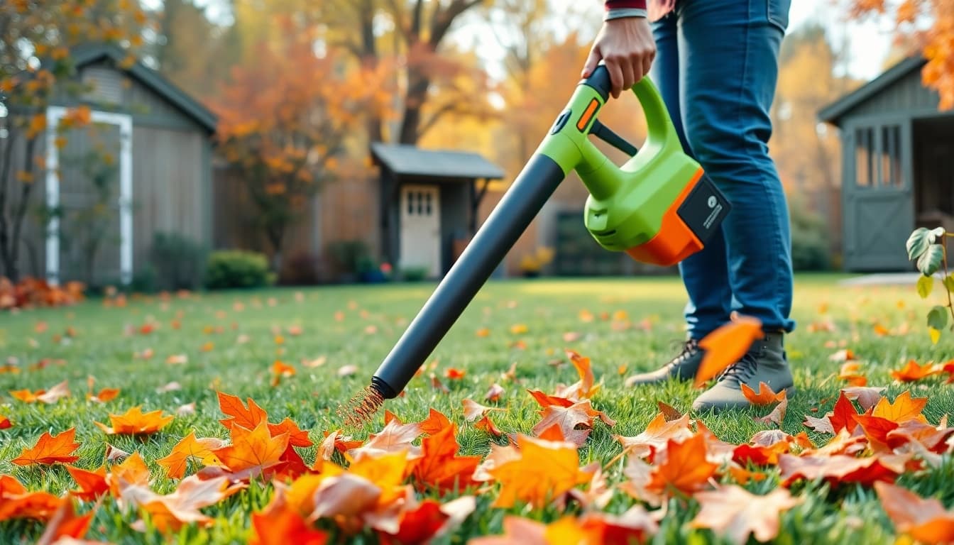 Electric leaf blower clearing vibrant autumn leaves in a backyard