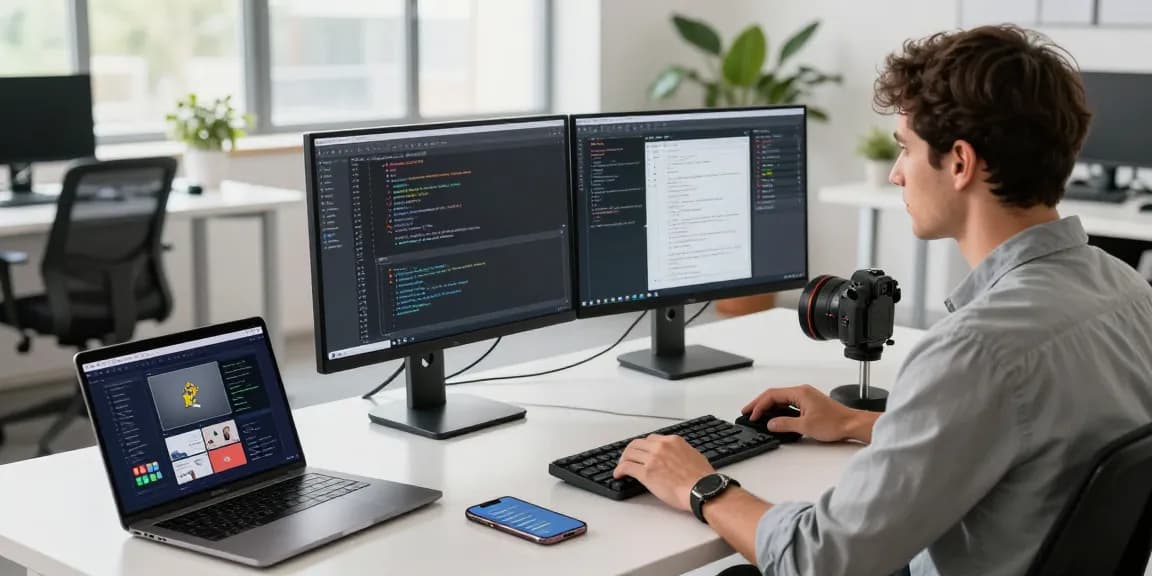 Focused workspace scene showing a developer working on 纸飞机下载 in a bright tech office.