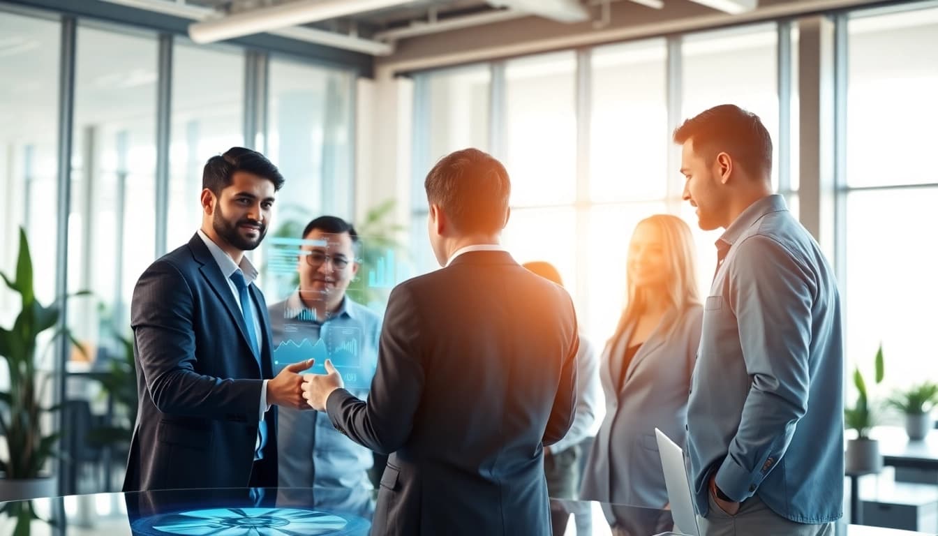 Engaging team collaboration around an enterprise search engine interface in a modern office.