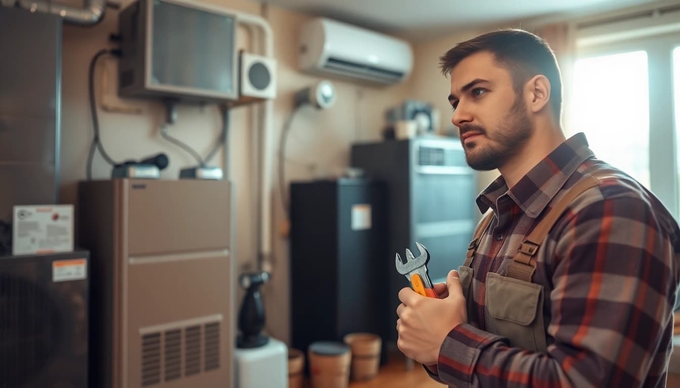 Technician presenting residential heating and cooling solutions in a home environment.