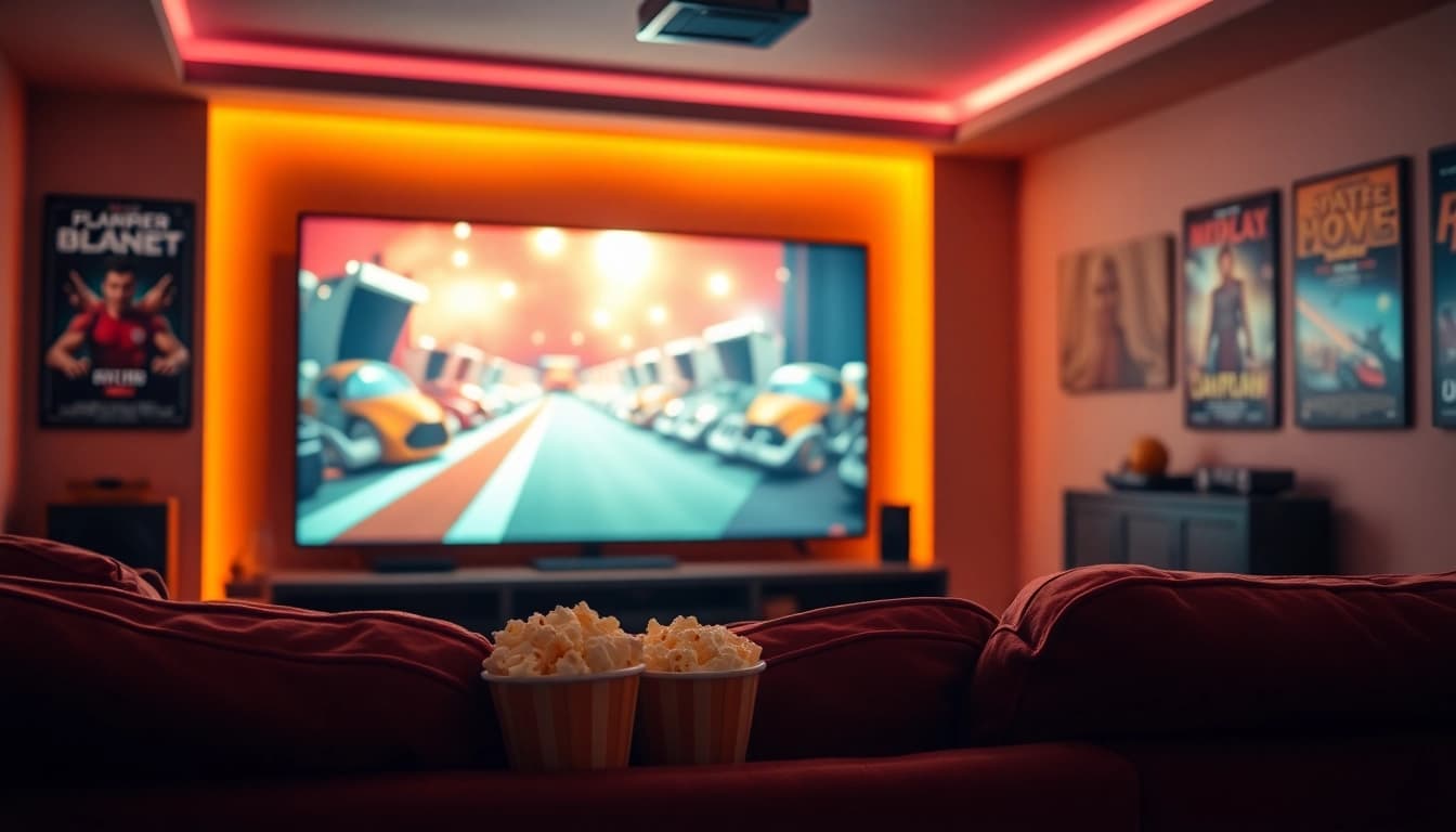 Enjoying ดูหนังออนไลน์ in a cozy home theater with popcorn and a big screen.