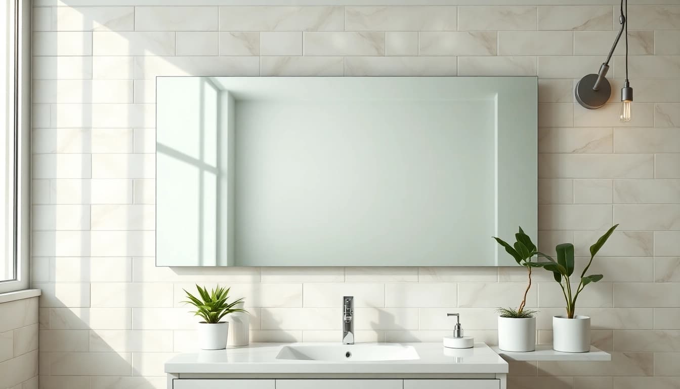 Showcase an elegant bathroom mirror reflecting a stylish bathroom setting with natural lighting and decor.