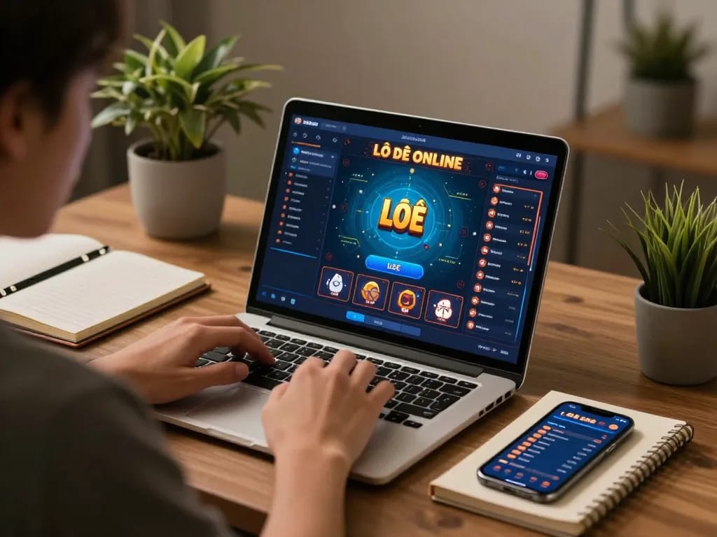 Lô đề online gameplay displayed on a laptop with a cozy at-home atmosphere.