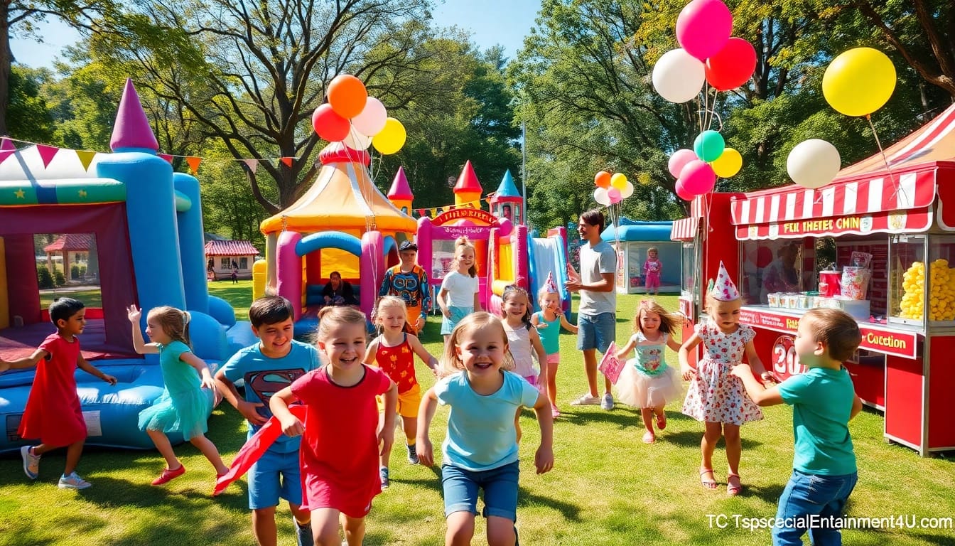 Playful kids enjoying a party with colorful bounce houses from https://www.tcspecialentertainment4u.com.