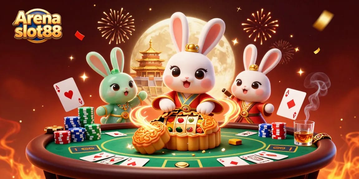 Arena slot88 menghadirkan suasana kasino yang seru dengan karakter kelinci bulat yang bermain slot di bulan.