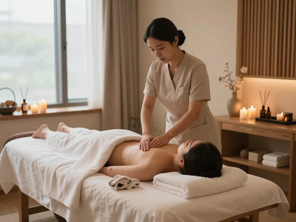 진정한 요소가 있는 고요한 스파 환경에서의 강남스웨디시 마사지 요법.