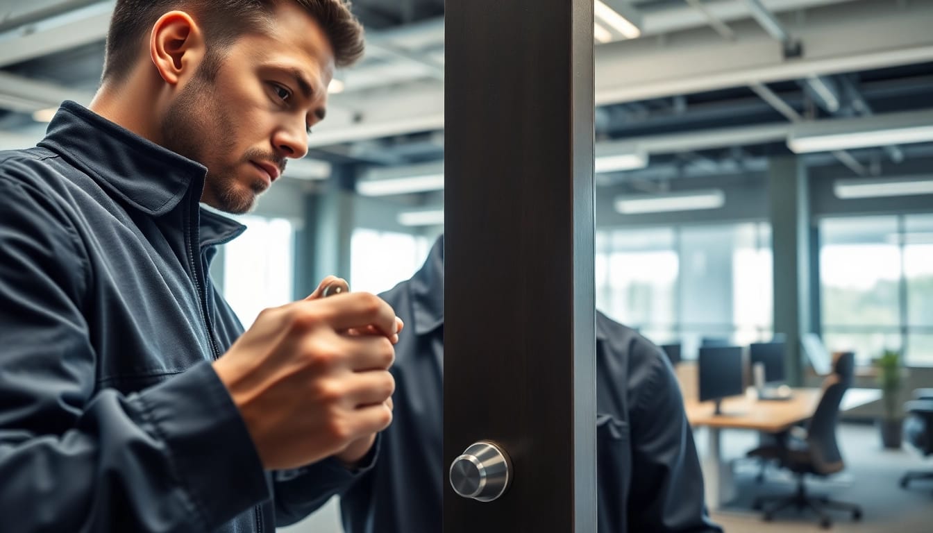 Business lock replacement performed by a professional locksmith in a modern office setting.