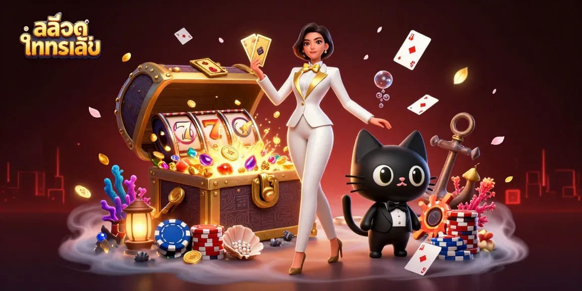 Experience สล็อตทดลองเล่น in a vibrant underwater casino scene with glamorous characters and dynamic game elements.