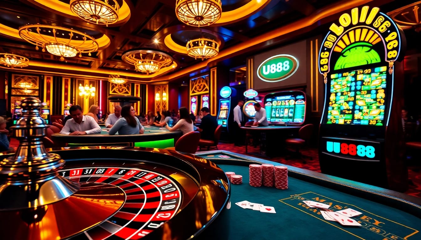 Players engaging with U888's luxurious casino games, showcasing roulette and poker excitement.