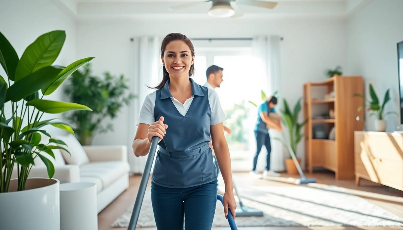 Enhance your home with a Cleaning Service provided by professional cleaners effectively working in a stylish living room.