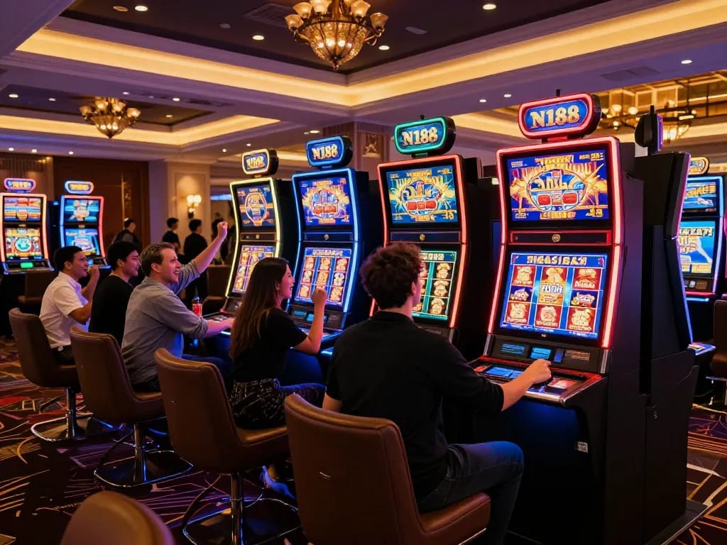 N188 casino players celebrating a big win at a vibrant slot machine.