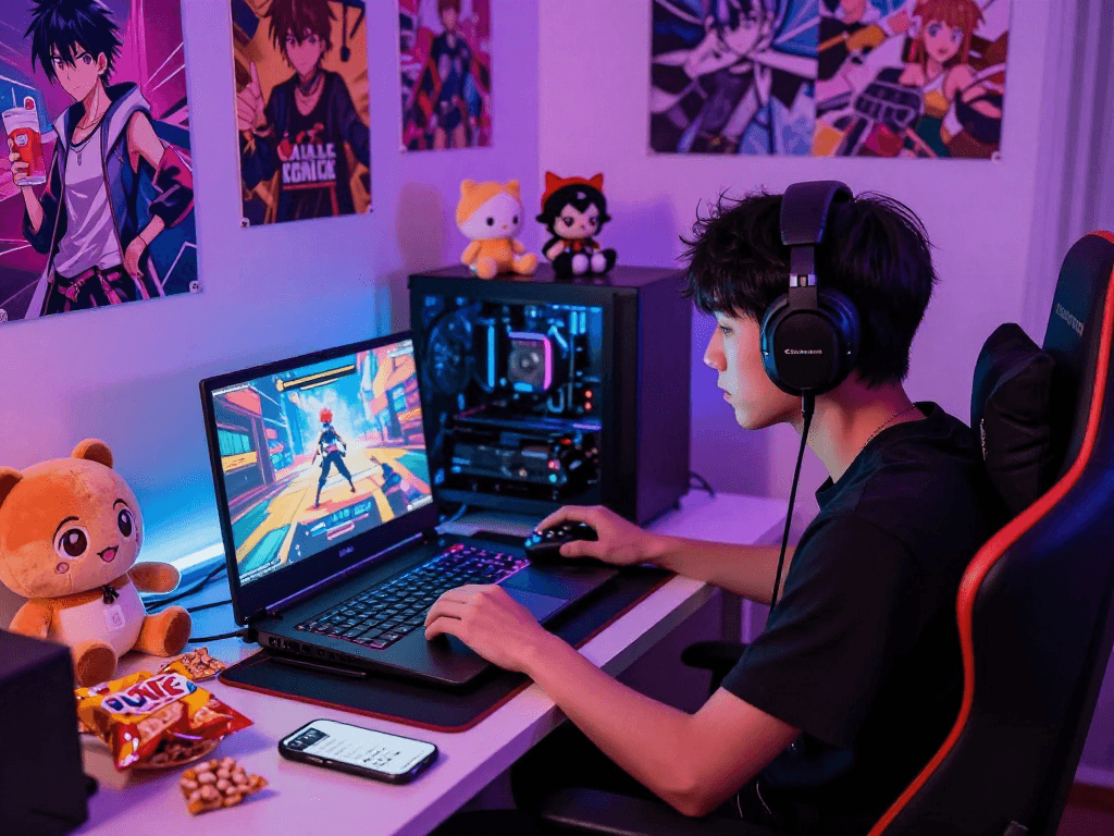 Engaged gamer playing a hentai game on a laptop in a vibrant gaming setup.
