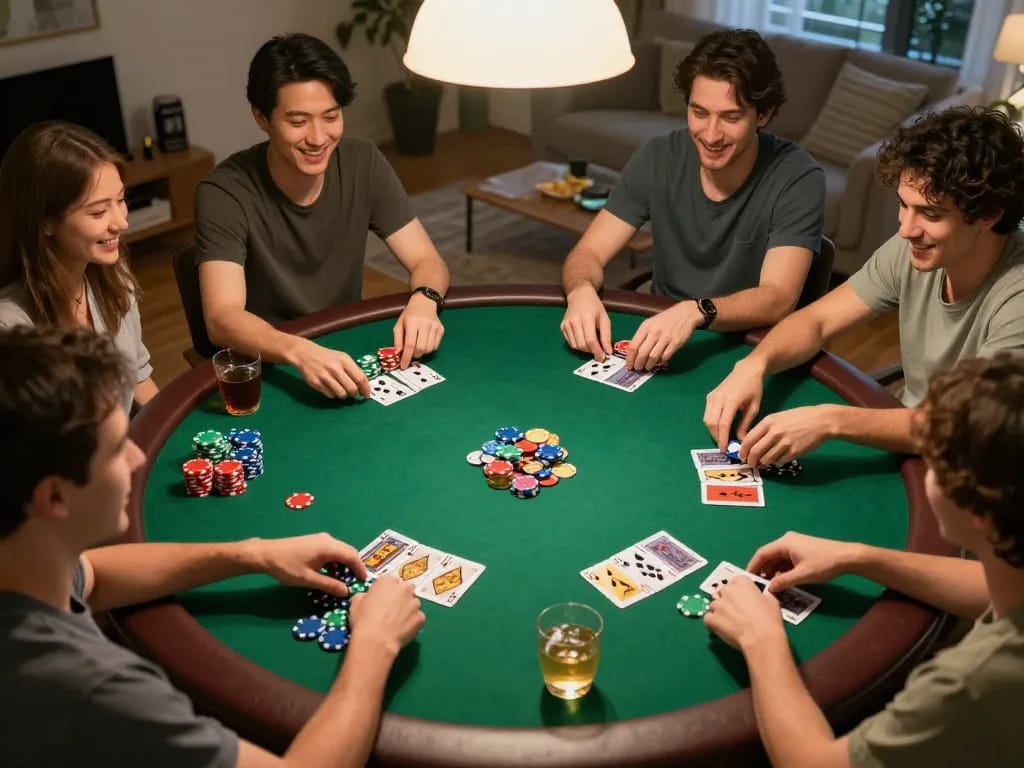 Cakhia tv players enjoying a lively poker game night with colorful chips and cards