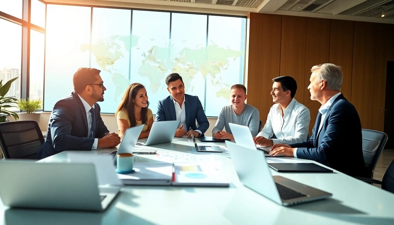 Collaborative session on international real estate investing with diverse investors in a modern office.