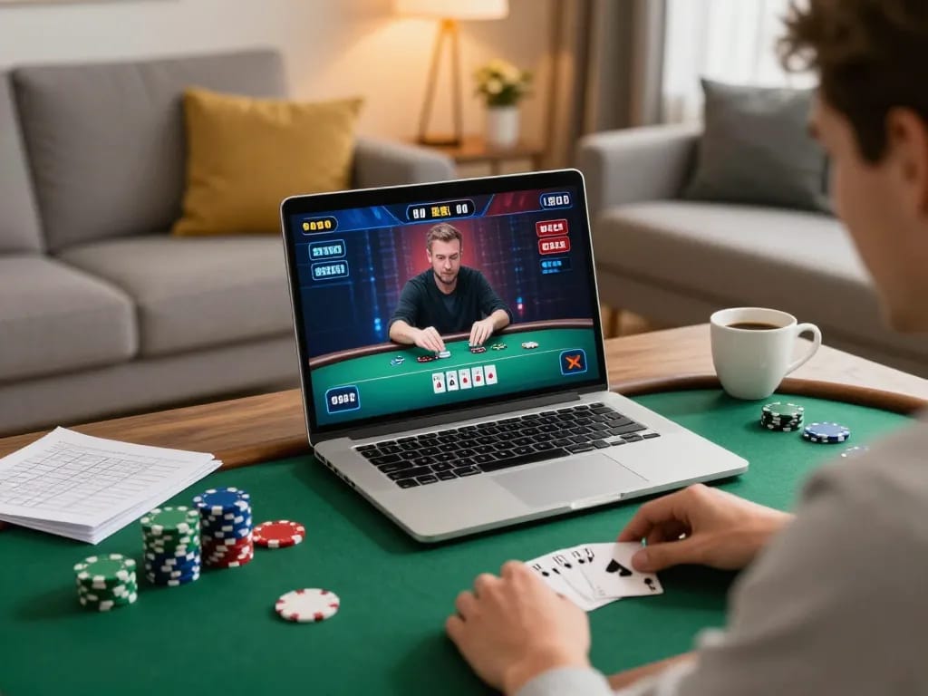 Player focuses on poker strategy in vipwin gaming session at home
