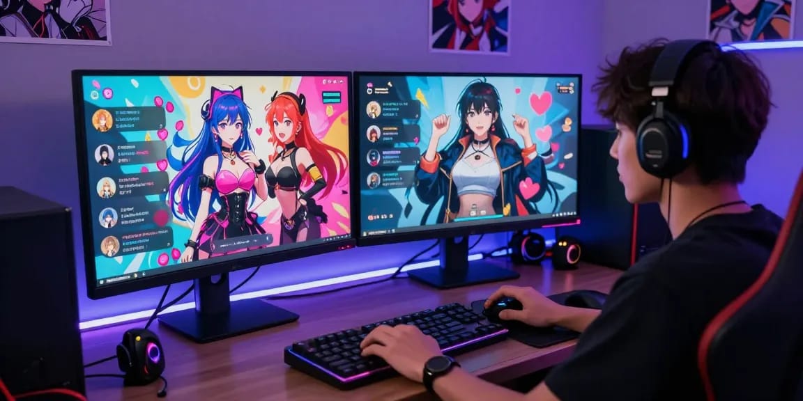 Engaging in ai ecchi chat with vibrant character avatars in a modern gaming workspace.