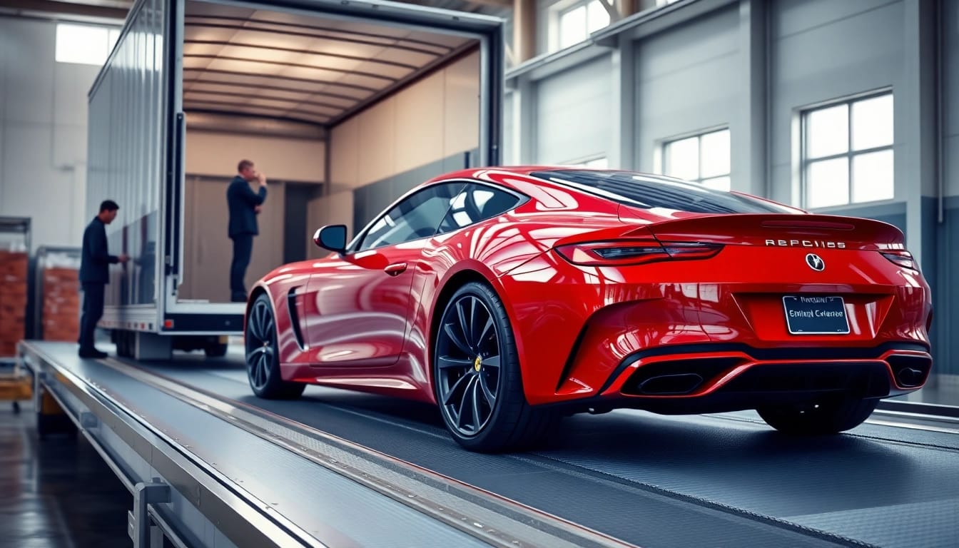 View of https://luxuryautocarriers.com showcasing a luxury sports car loaded onto an enclosed transport truck.