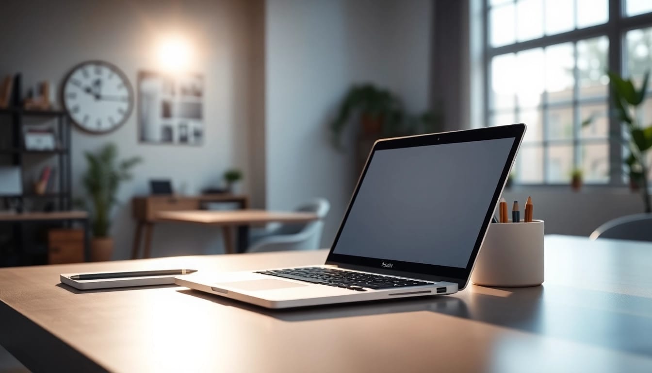 Trabajando con el MacBook Air M2 en un elegante escritorio moderno con luz natural.