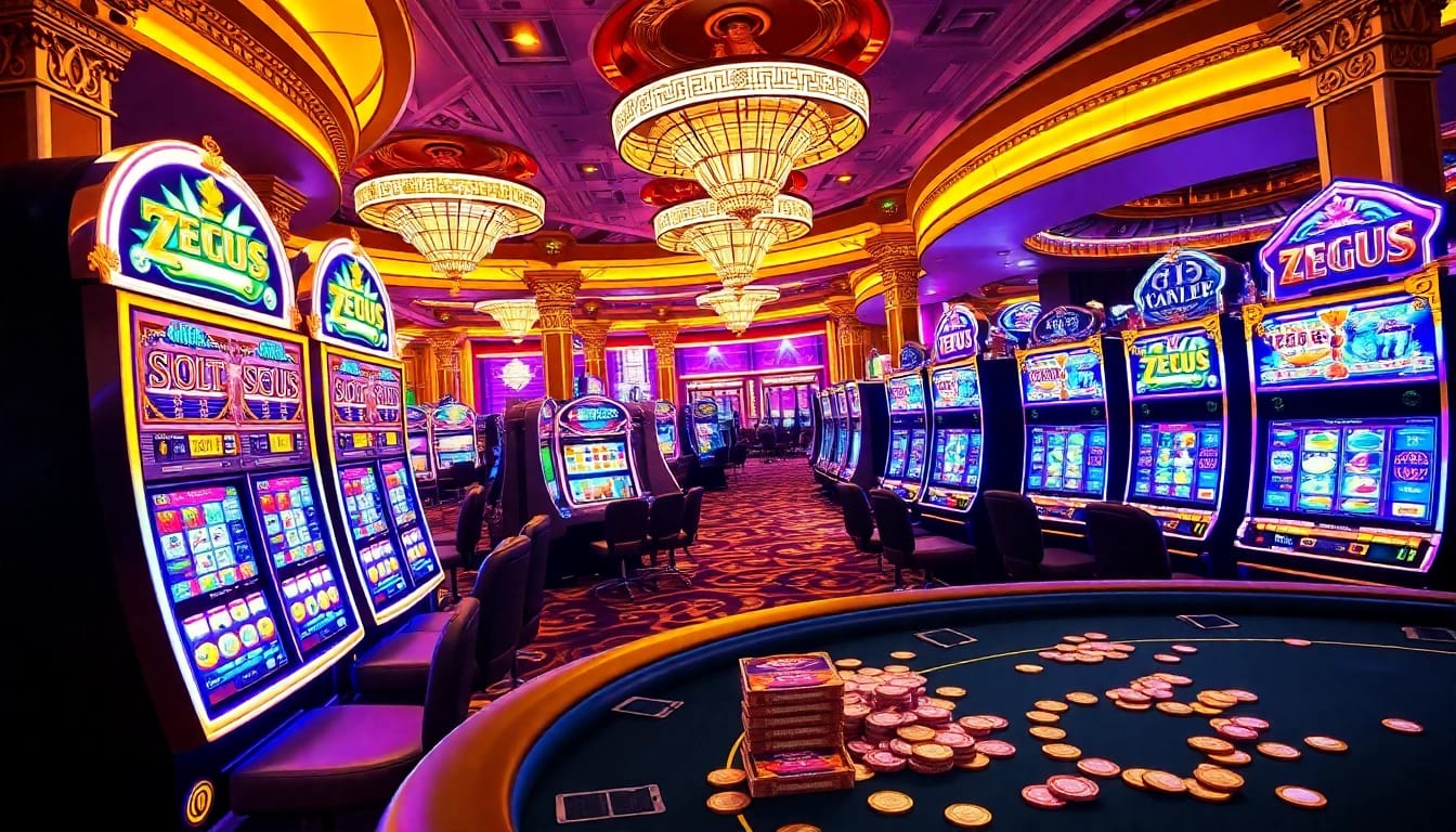 Rasakan permainan slot Zeus yang mendebarkan dengan mesin yang berwarna-warni dan suasana kasino yang mewah.