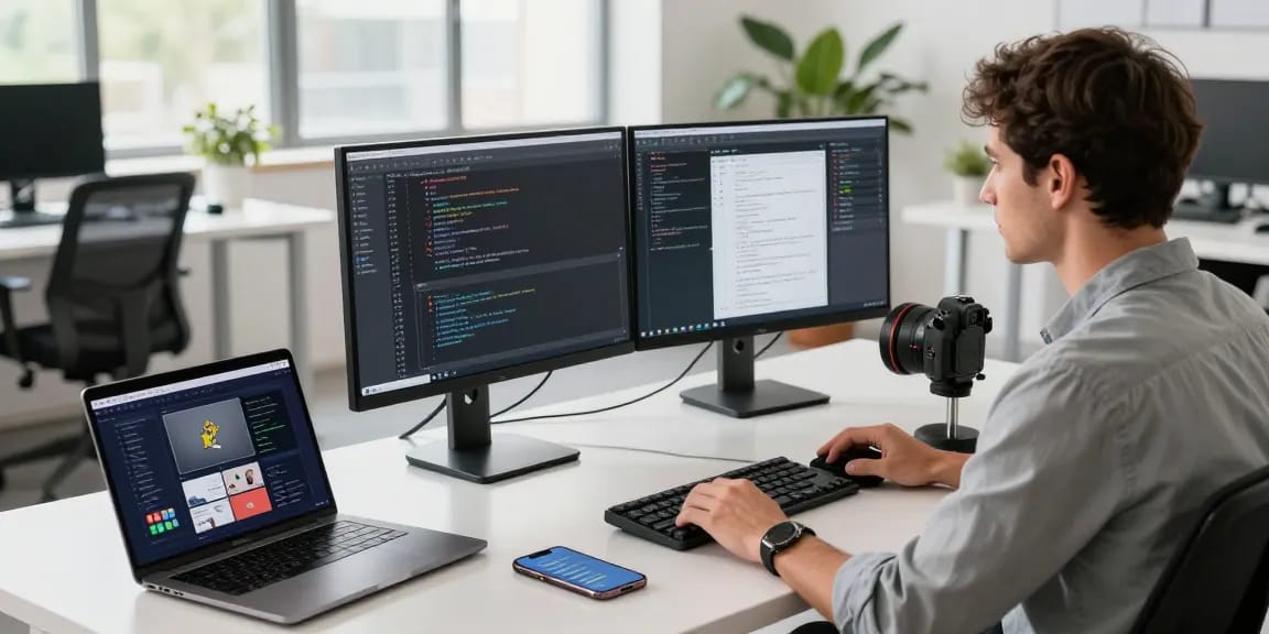 Focused workspace scene showing a developer working on 纸飞机下载 in a bright tech office.
