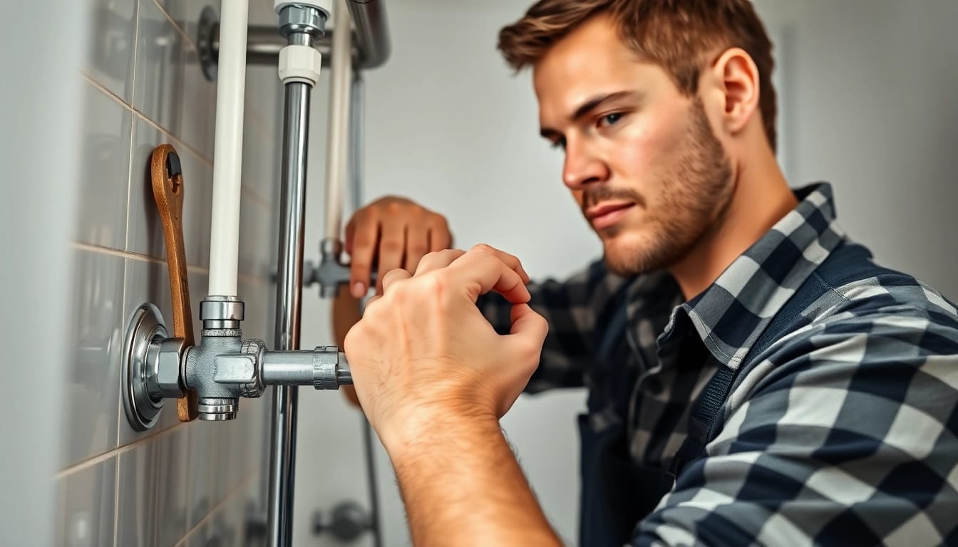 Plumbing apprenticeship in action, showcasing a plumber connecting pipes during a home renovation.