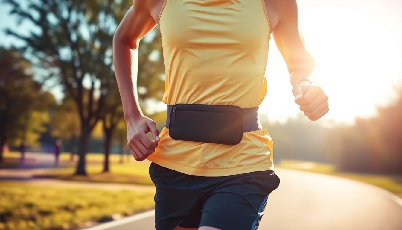 Runner in motion featuring a running waist belt, highlighting its functionality and comfort.