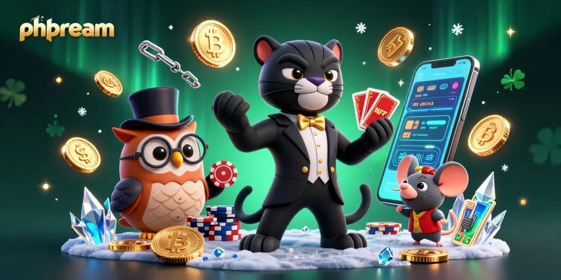 Play exciting games at phdream with a 3D illustration of casino characters and crypto elements