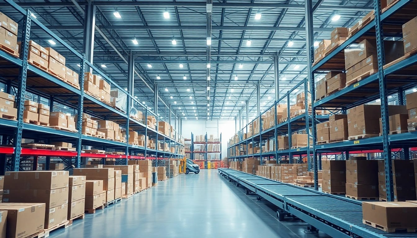 Optimize warehousing efficiency in a modern facility with organized shelves and advanced systems.
