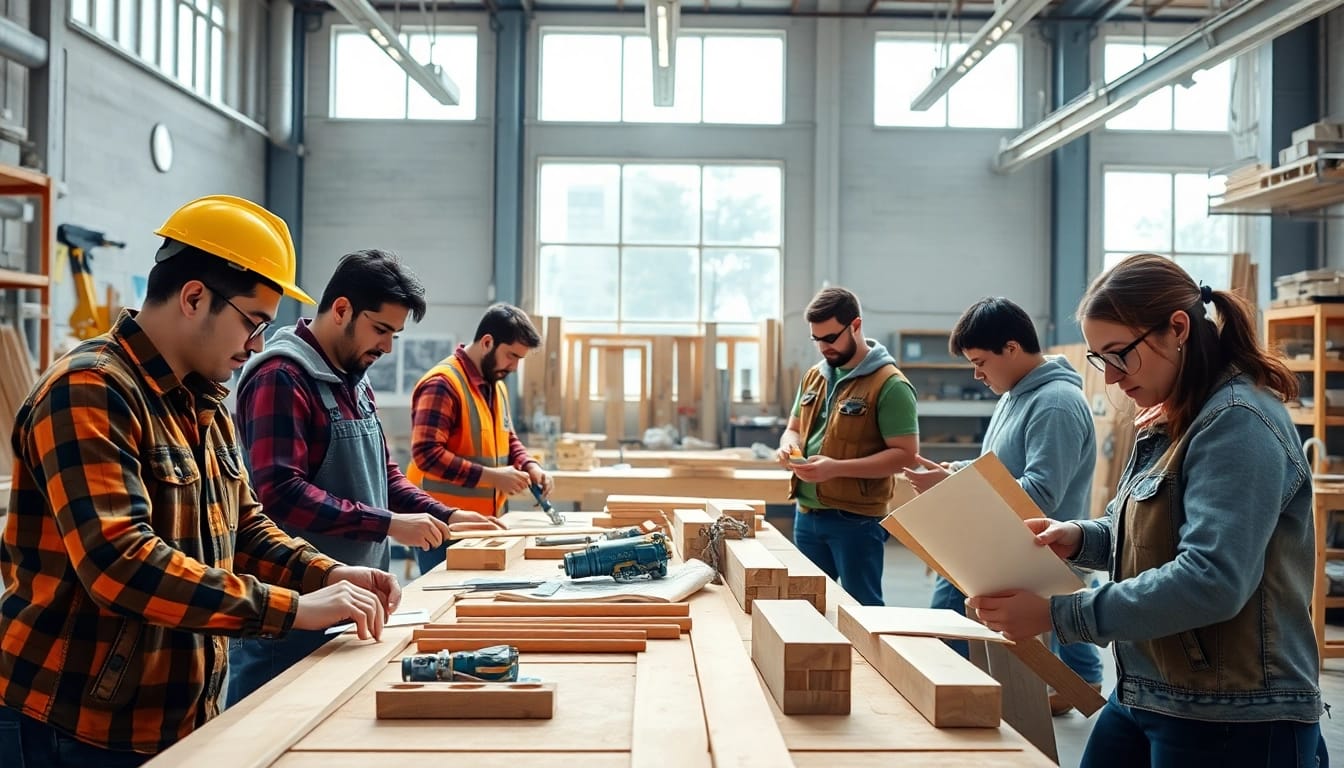 Engaged trainees in construction craft training, learning essential skills in a workshop environment.