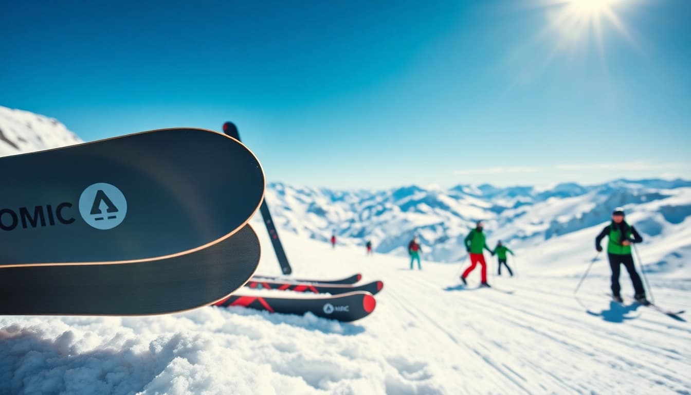 Energizing scene with atomic ski gear amidst adventurous winter athletes in snowy mountains.