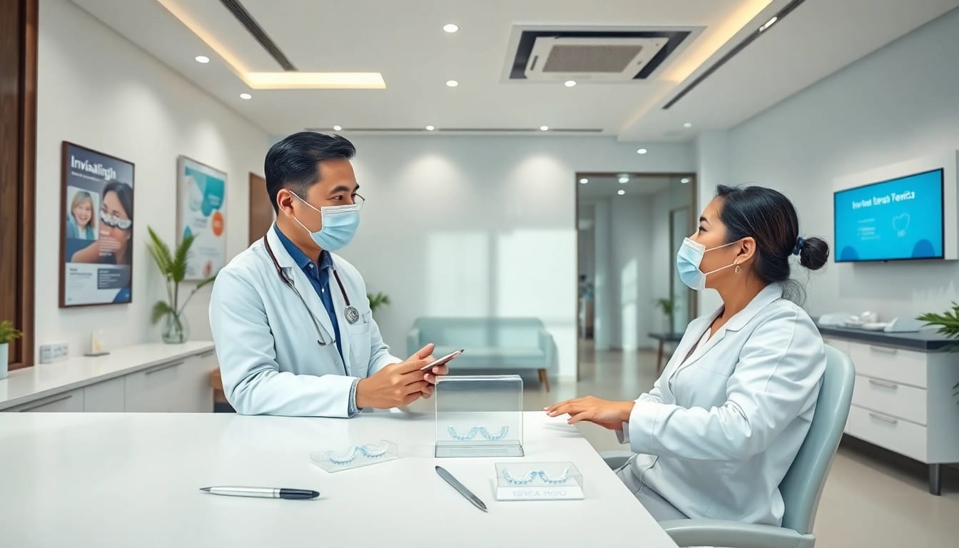 Invisalign Malaysia consultation in a modern dental clinic showcasing clear aligners and a professional orthodontist.