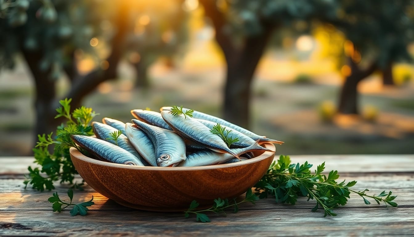 Delicious sardianas en aceite de oliva freshly prepared in a bowl with aromatic herbs.