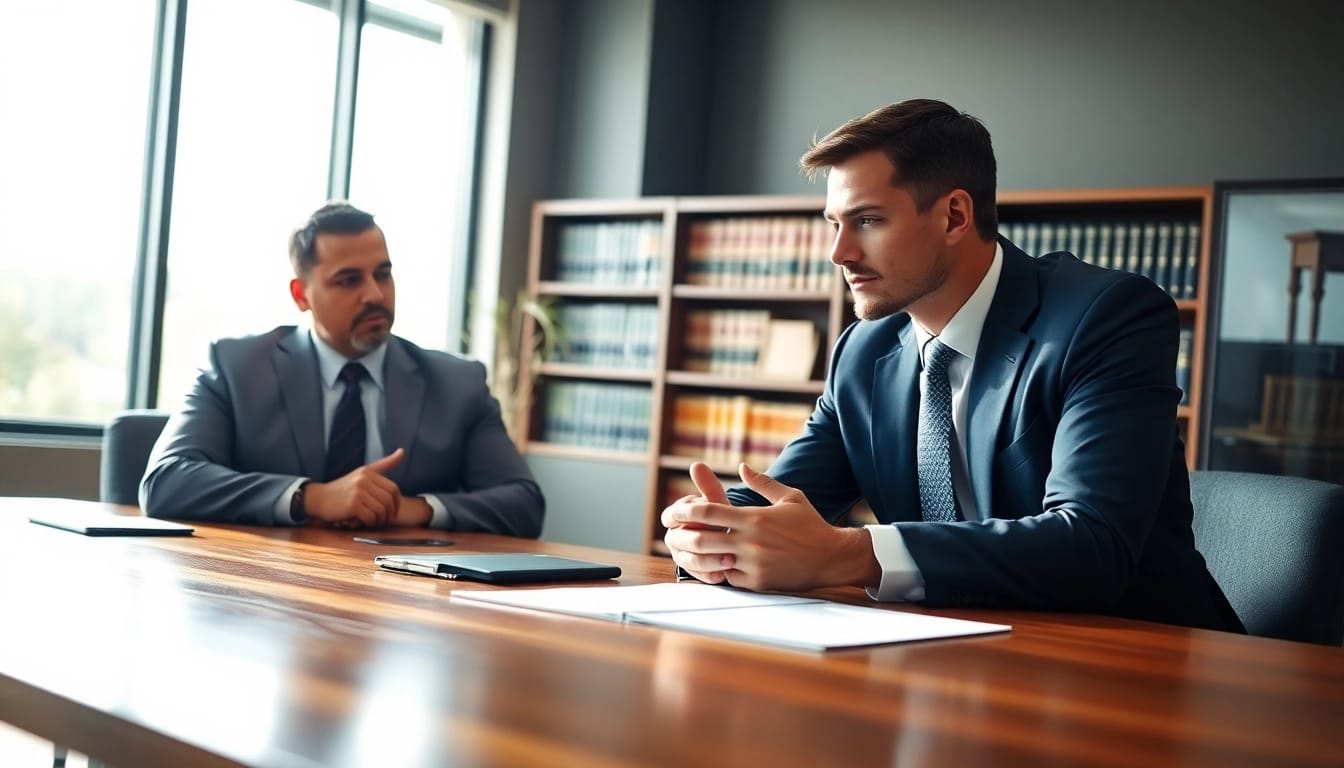 Engaging Asheville DWI defense lawyer advising a client in a professional office setting.