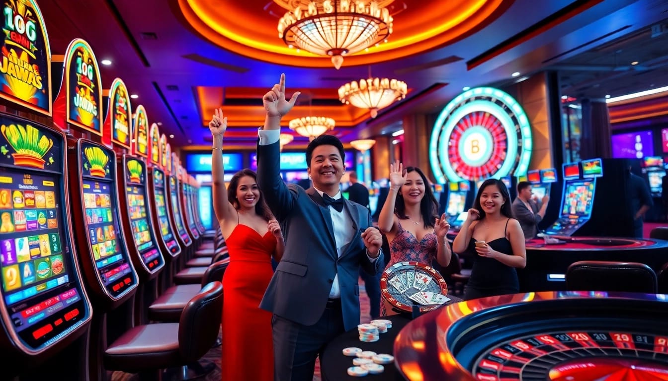 Gambling enthusiasts experiencing excitement at jamuslot virtual slots with vibrant machines and chips.