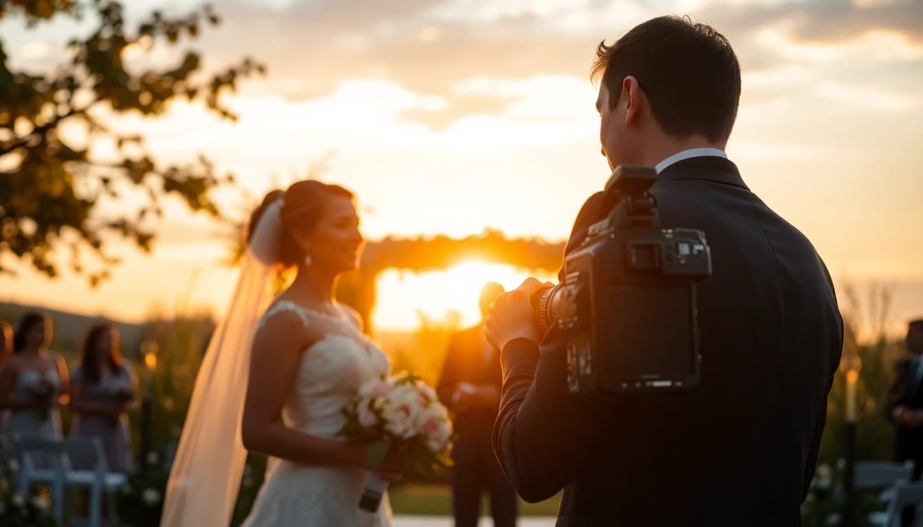 Capturing a wedding moment by an edmonton videographer during sunset, showcasing romance and joy.