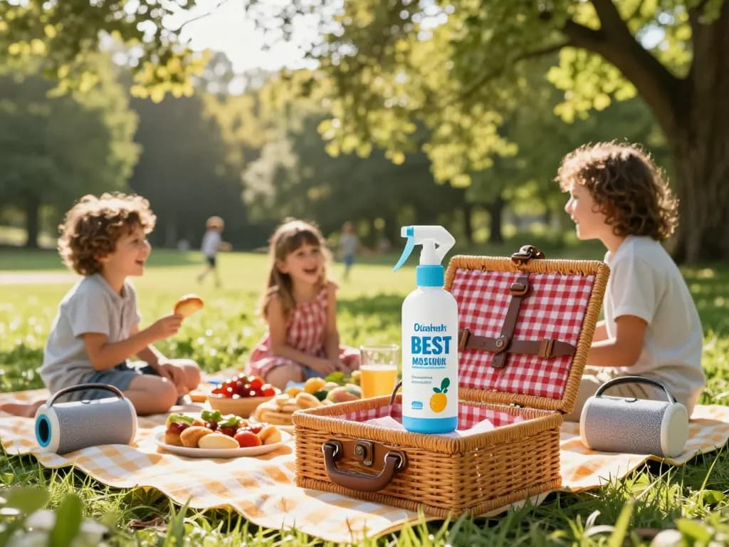 Family enjoying a summer picnic protected by the Best Mosquito Repellent under warm sunlight.