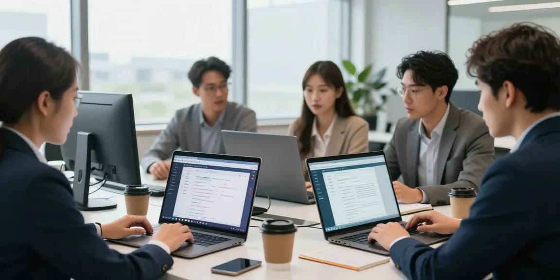 WPS中文办公软件下载,展示团队在现代办公室中使用WPS软件协作工作。