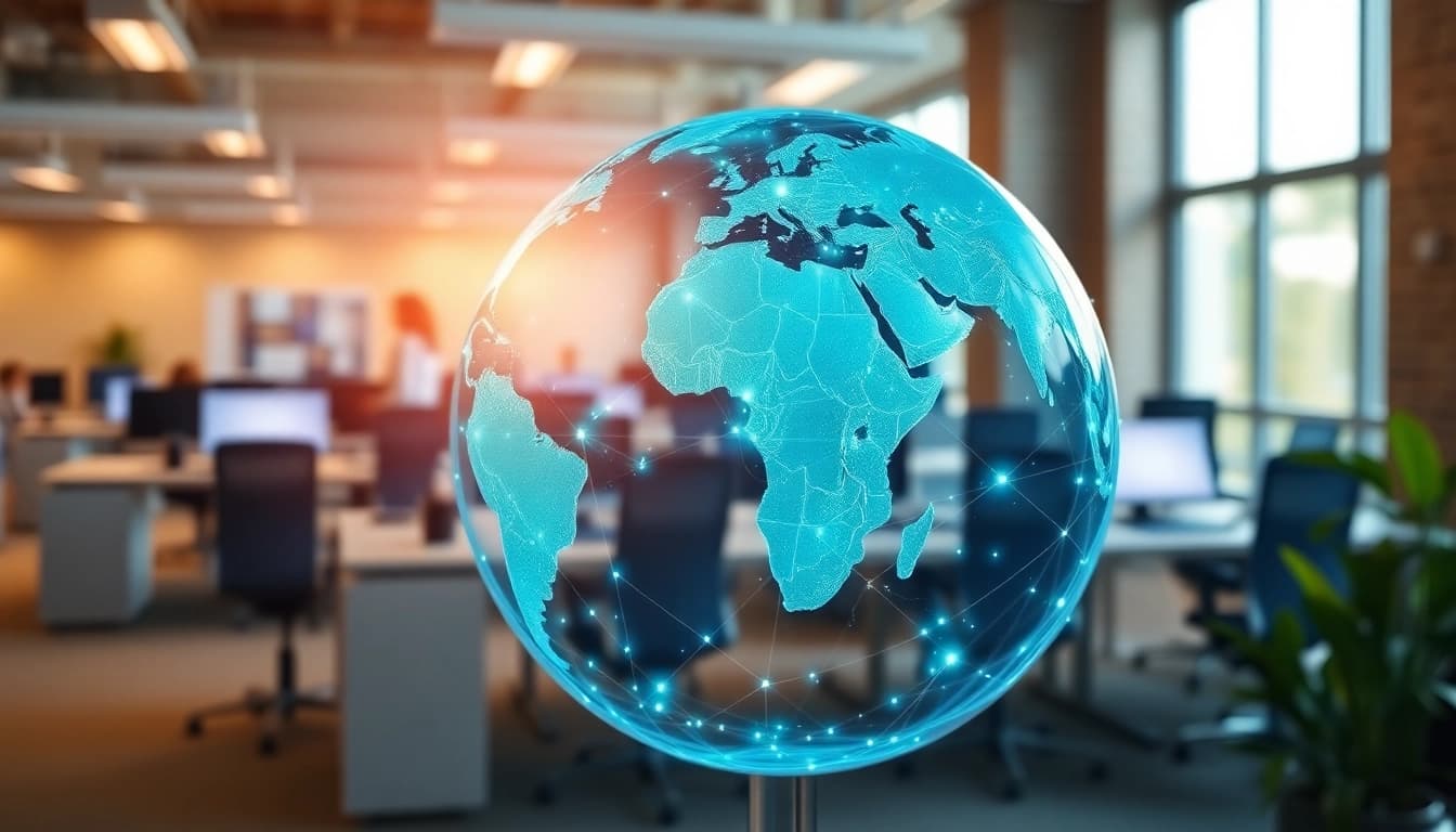 Visual representation of worldwide connectivity through a globe and digital networks.