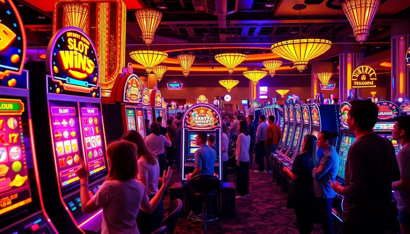 Mainkan slot gacor dengan mesin cerah dan pemain yang merayakan kemenangan di kasino.