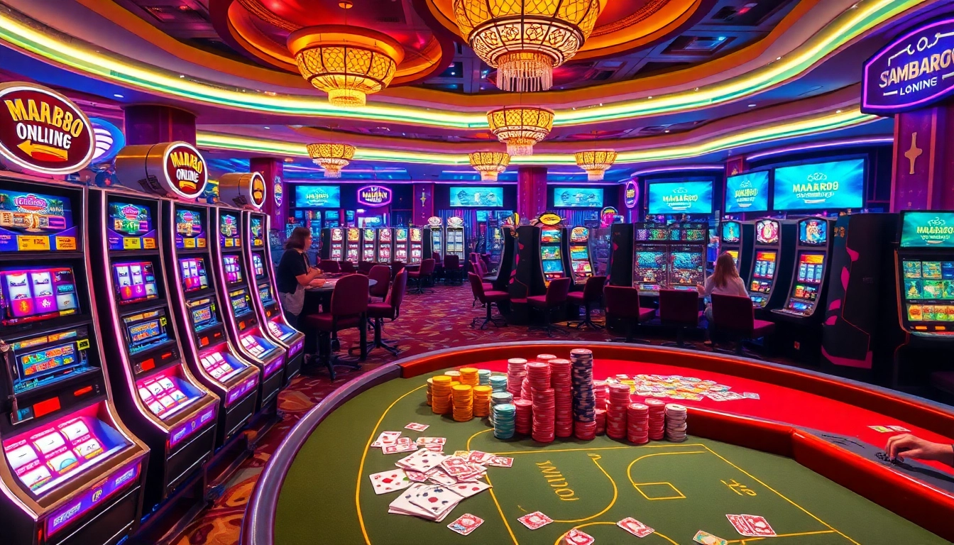 Mesin slot dan meja poker MABAR88 Online dalam suasana kasino mewah.