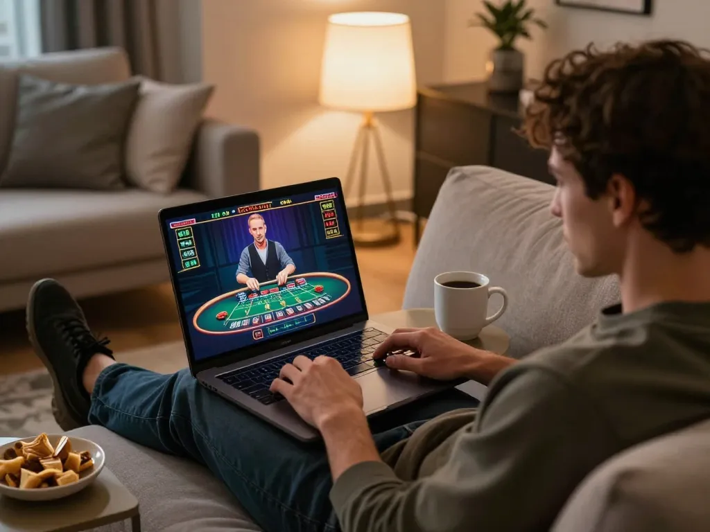 tv88 player engaged in live dealer blackjack session on laptop in cozy home setting