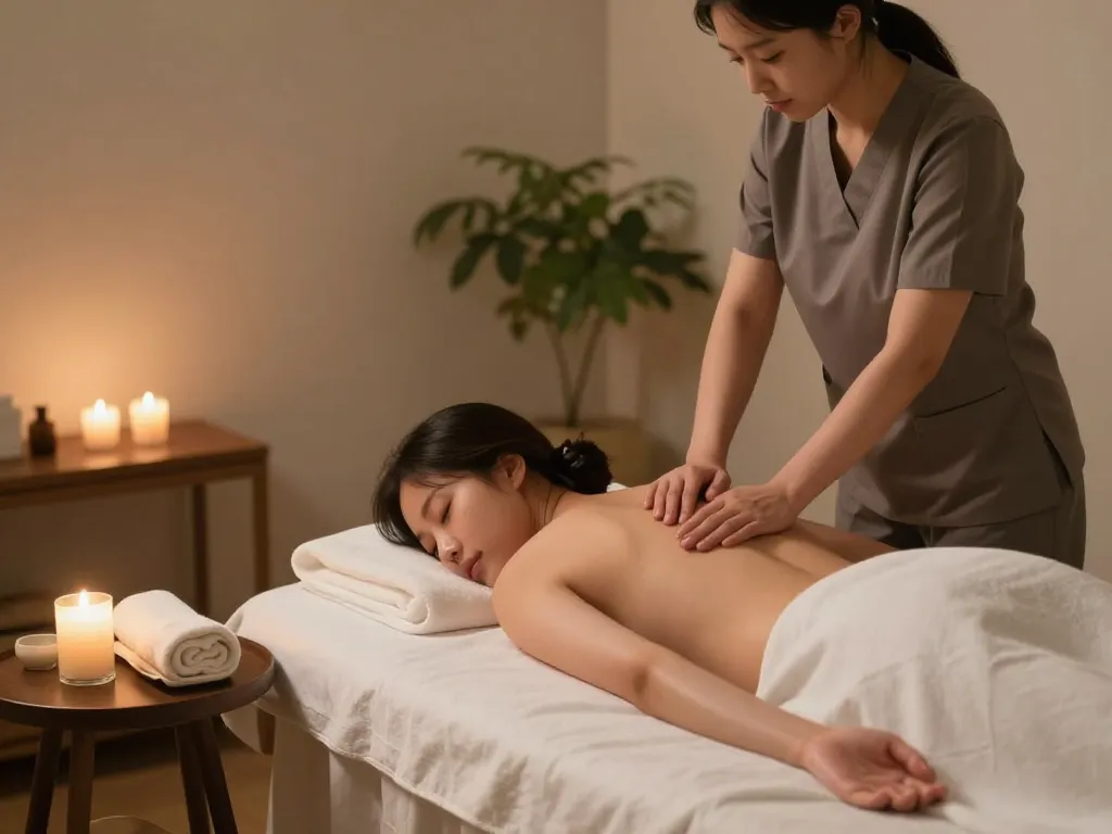 Relaxing 신사동마사지 therapy session in a tranquil spa room with candles and soothing ambiance.
