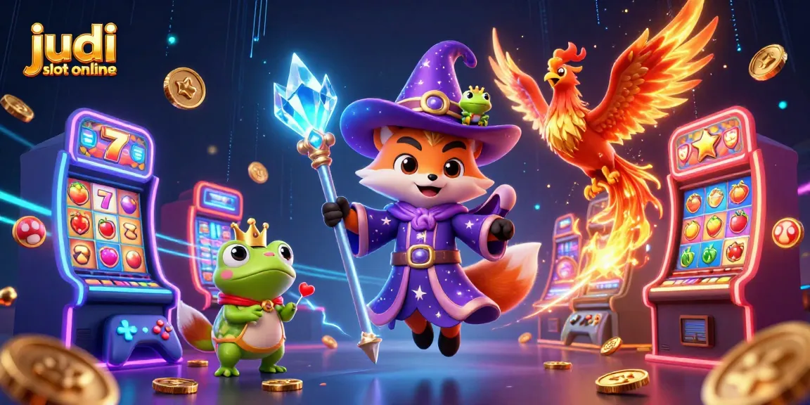 Win big with judi slot online in this vibrant, magical casino scene featuring a wizard and phoenix.