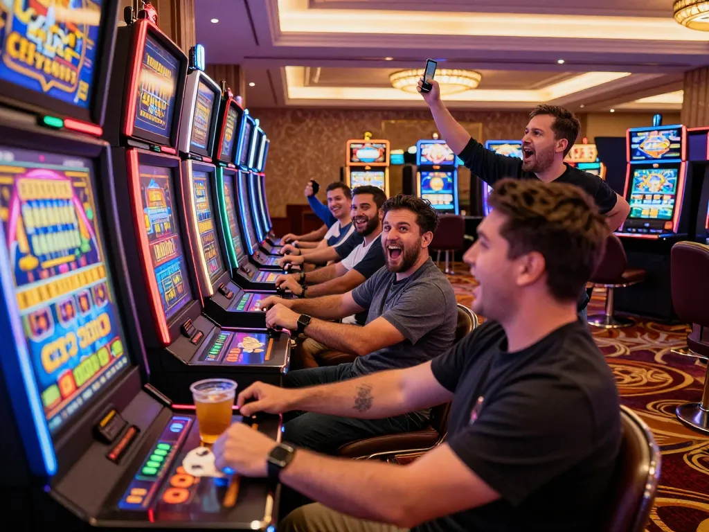 Pemain menikmati kegembiraan link slot dalam suasana kasino yang semarak