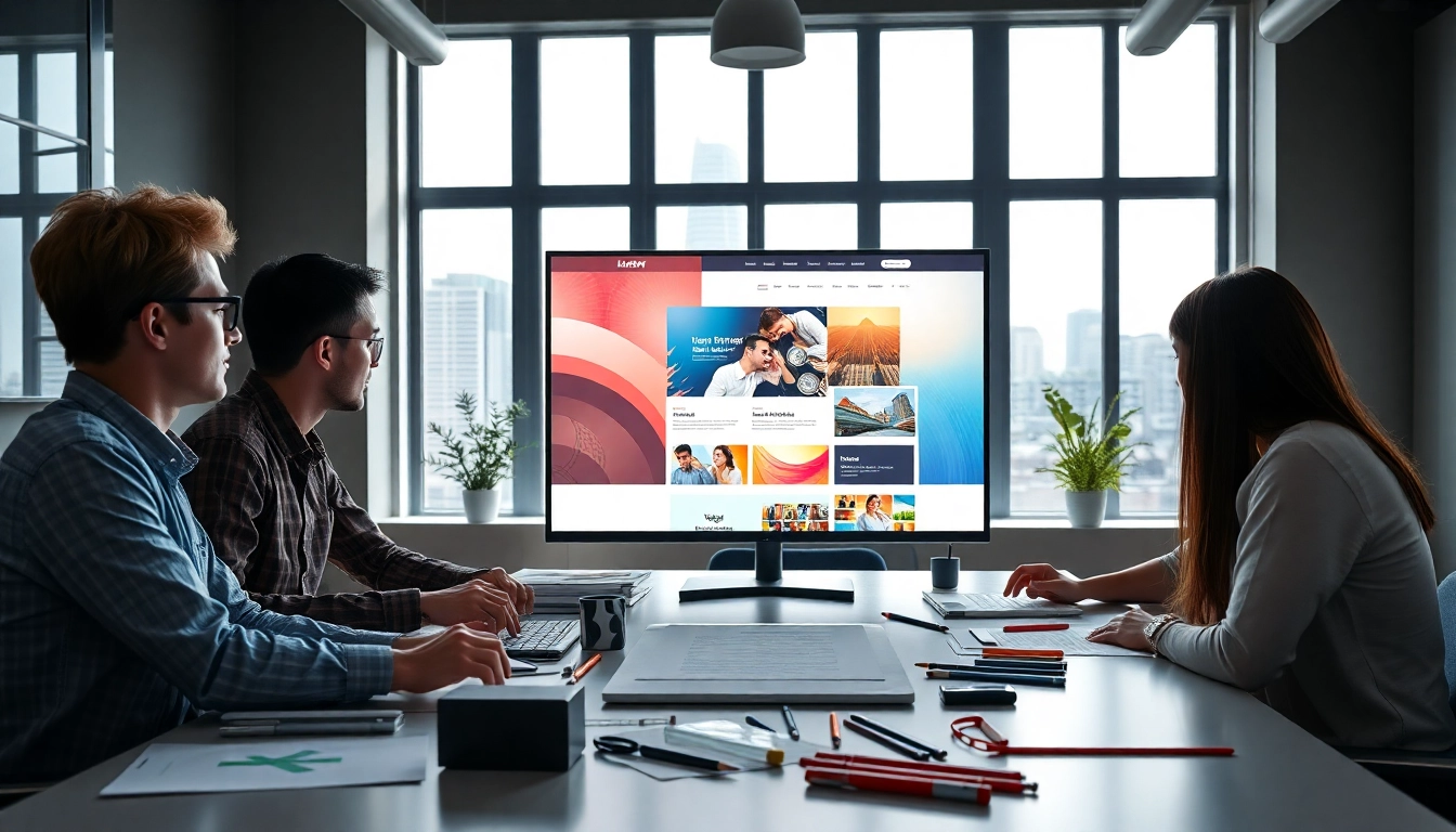 Marketing-Profis gestalten dynamische Webseiten-Layouts in einem modernen Büro.