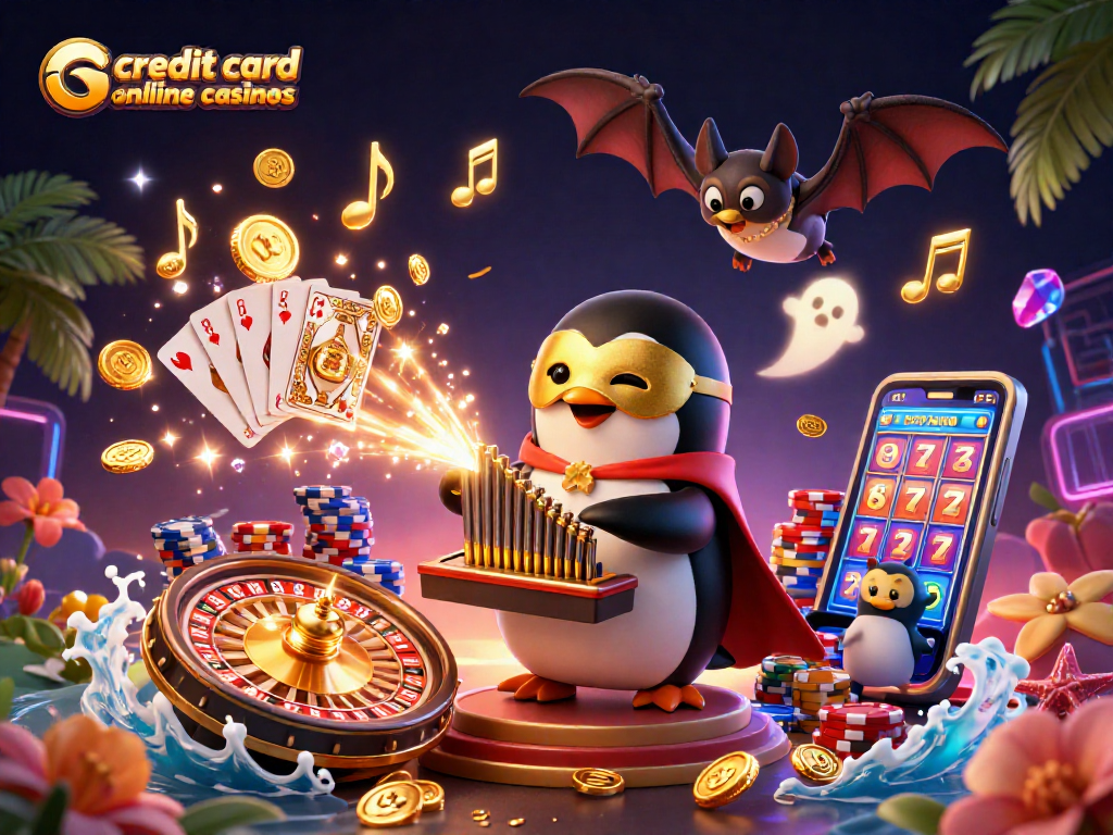 Engage with credit card online casinos through a thrilling scene featuring gaming elements, and characters.