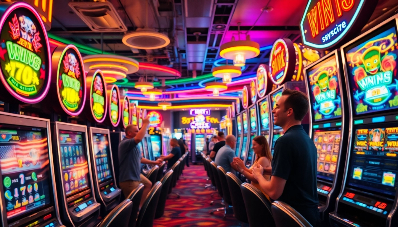 Merayakan permainan situs slot demo dengan suasana kasino yang ceria dan penuh warna.