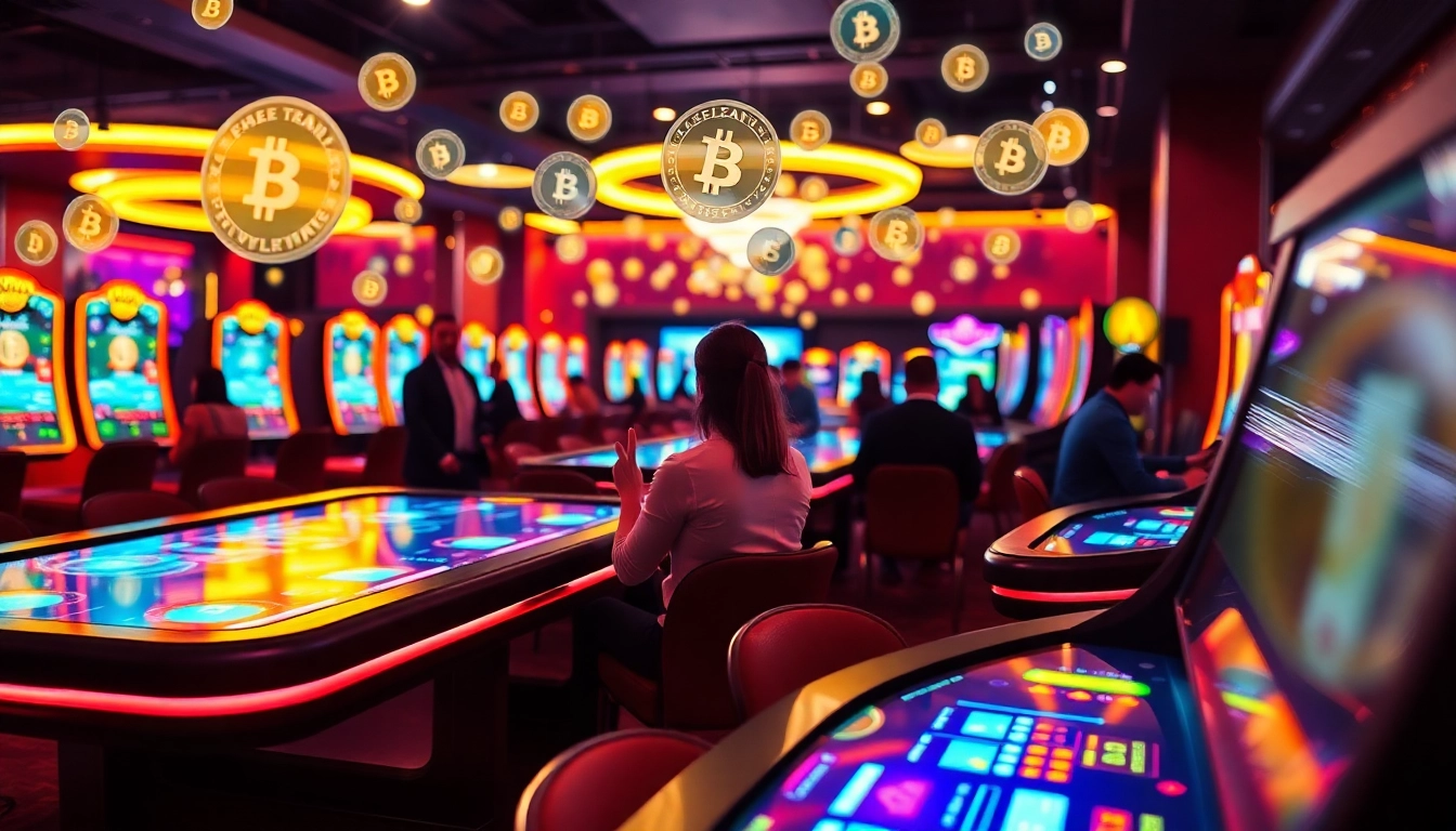 Engage in thrilling games at a crypto casino with vibrant digital interfaces and enthusiastic players.