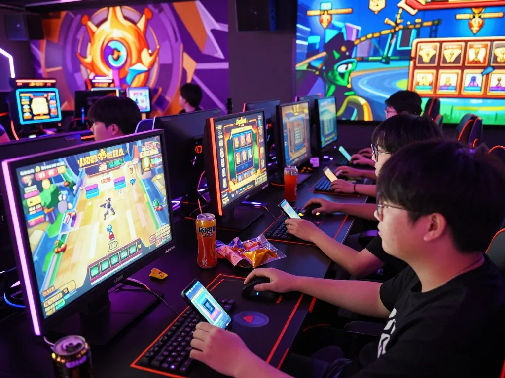 Pemain berinteraksi dengan slot online laoban188 dalam suasana ruang permainan yang penuh warna.