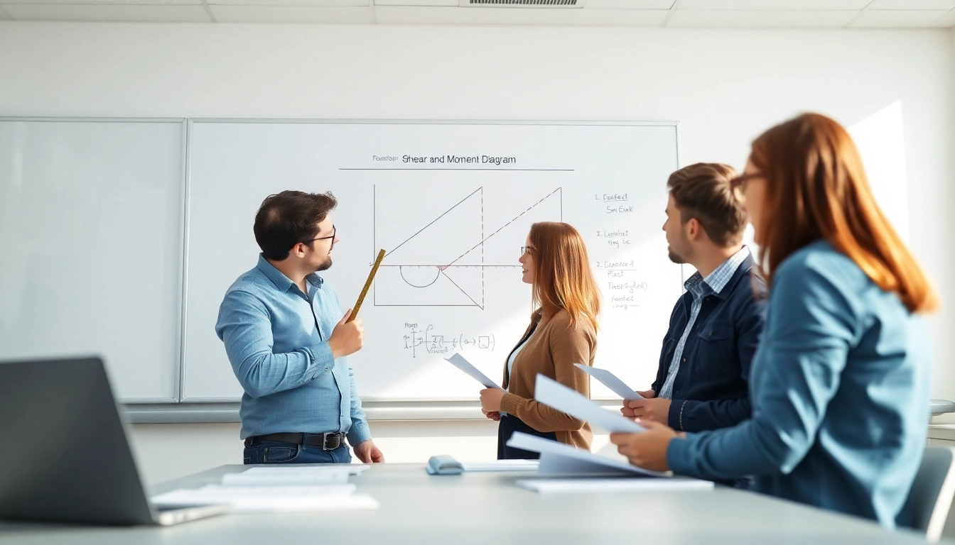 Students studying a Shear and Moment Diagram in an engineering classroom setting.